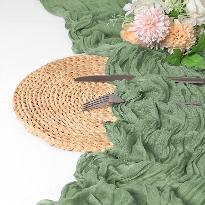 12 Pack Sage Green Cheesecloth Table Runner 10FT Boho Gauze Cheese Cloth Table Runner Rustic Sheer Fabric Table Runners for Wedding Bridal Shower Baby Shower Party(21.5×120 Inch)