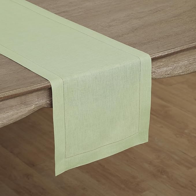 Solino Home Linen Sage Green Table Runner 90 Inches Long - 100% Pure Linen Hemstitch 14 x 90 Inch Table Runner for Dining, Spring, Summer, Mothers Day - Classic Hemstitch