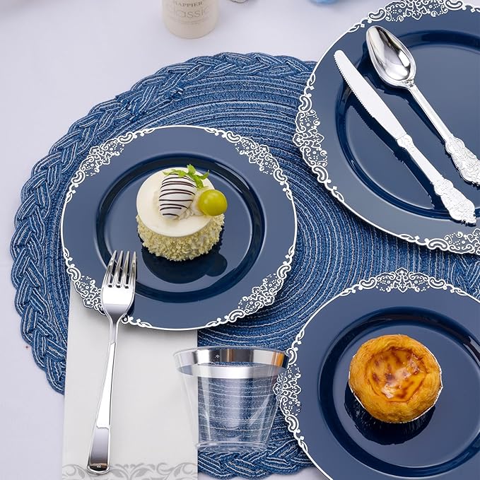 Bestluck 175PCS Navy Blue Plastic Plates for 25 Guests, Disposable Plates with Silver Trim include 25 Dinner and Dessert Plates, 75 Gold Silverware, 25 Cups, 25 Napkins for Party, Wedding & Graduation