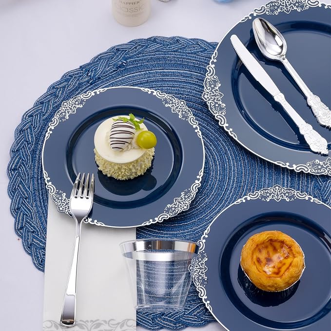 Bestluck 350PCS Navy Blue Plastic Plates for 50 Guests, Disposable Plates with Silver Trim include 50 Dinner and Dessert Plates, 150 Gold Silverware, 50 Cups, 50 Napkins for Party, Wedding