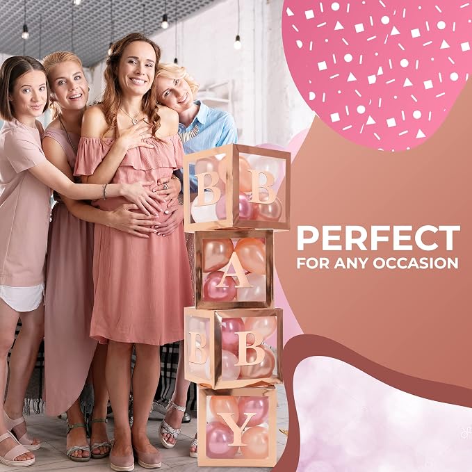 44-Piece Baby Shower Decorations for Boy or Girl - 4 Boxes with Letters and 32 Balloons - Elegant Rose Gold - Gender Reveal Party Supplies - Photo Shoot Backdrop and Nursery Décor