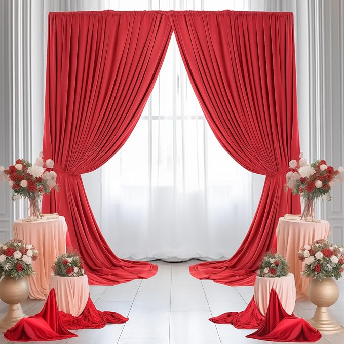 Red Backdrop Curtains 2 Panels-Wrinkle-Free Polyester Photography Drapes Party Photo Backgrounds for Wedding Christmas Photo Backdrops- 8 X10FT (Red)