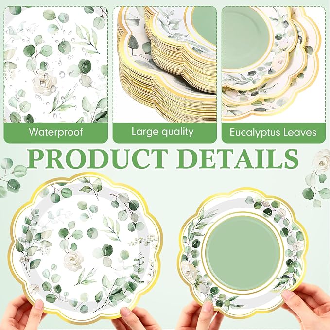 Funnymoom 200 Pcs Eucalyptus Party Supplies Kit Sage Green Disposable Paper Dinner Dessert Plates Luncheon Napkins and Beverage Napkins for Birthday Baby Shower Bridal Shower Wedding Party 50 Guests