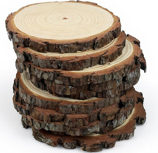 Natural Wood Slices for Centerpieces, 7-8 Inch Rustic Wooden Rounds, 10 Pack, Wedding Table Decor, DIY Crafts,
