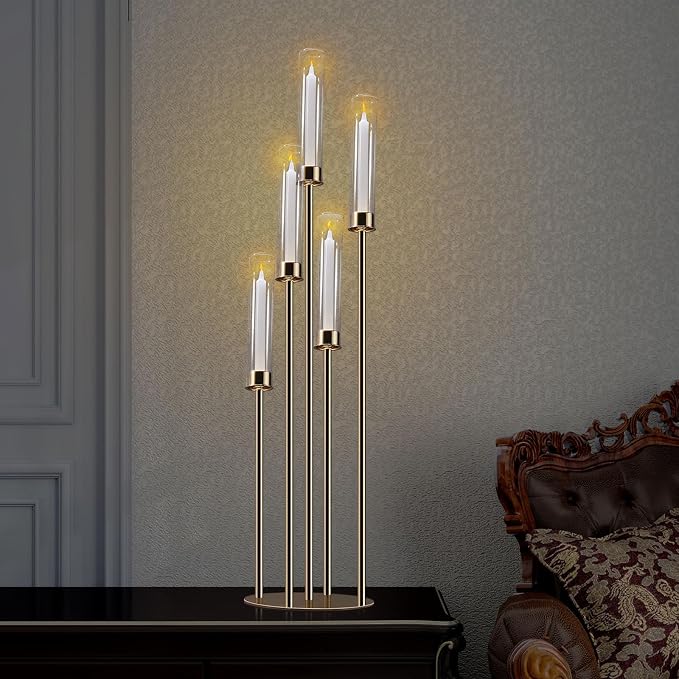 Gold Candelabra with Glass Cylinders for Real Candles 5 Arms Metal Candle Holder Wedding Event Party Home Decoration Centerpiece (1, L)