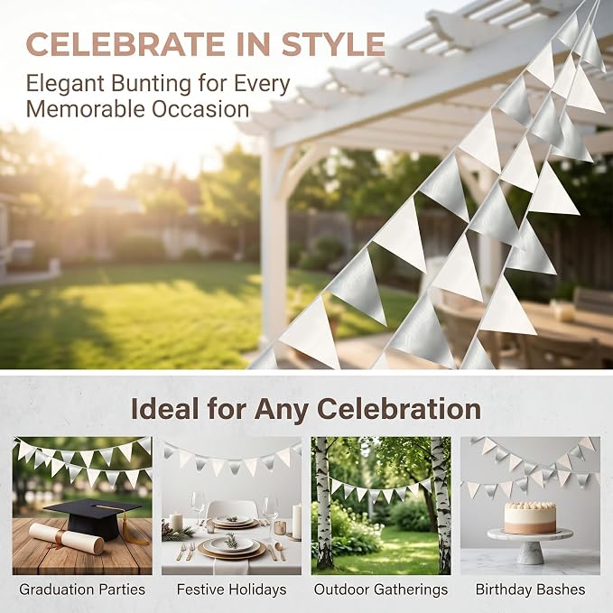 130FT White Silver Triangle Pennant Banner Flag Metallic Fabric Bunting Garland for Christmas Graduation Birthday Wedding Bridal Shower Nautical Ahoy Achor Theme Party Decorations Supplies