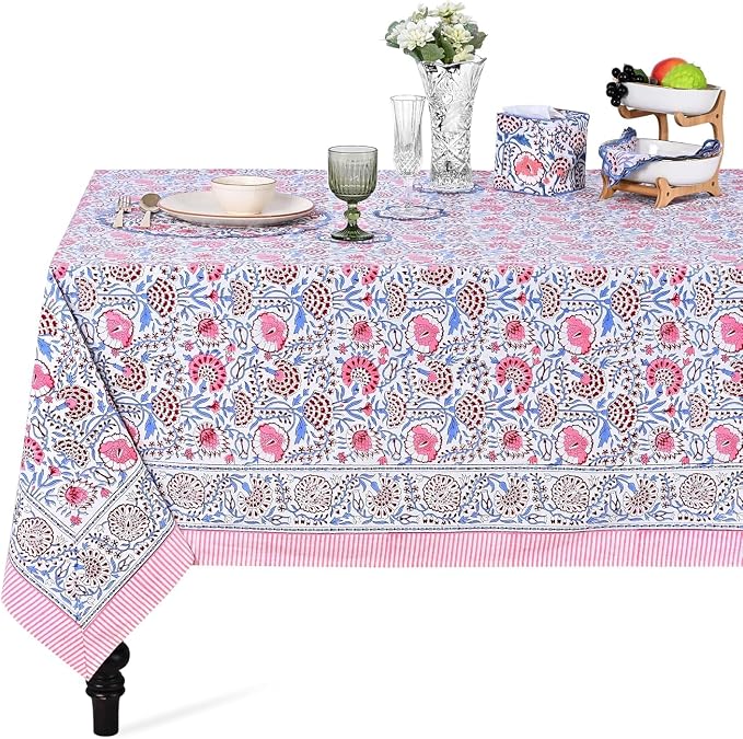 Ridhi Pigeon Blue and Flamingo Pink Hand Block Print Cotton Rectangle Tablecloth 120" x 80" inches Reusable Table Cover Decorative Everyday Use for Dining Room, Farmhouse, Gift Spring, Mother's Day
