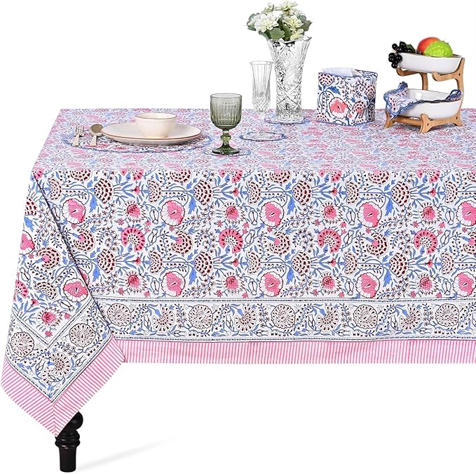 Ridhi Pigeon Blue and Flamingo Pink Hand Block Print Cotton Rectangle Tablecloth 108" x 70" inches Reusable Table Cover Decorative Everyday Use for Dining Room, Farmhouse, Gift Spring, Mother's Day