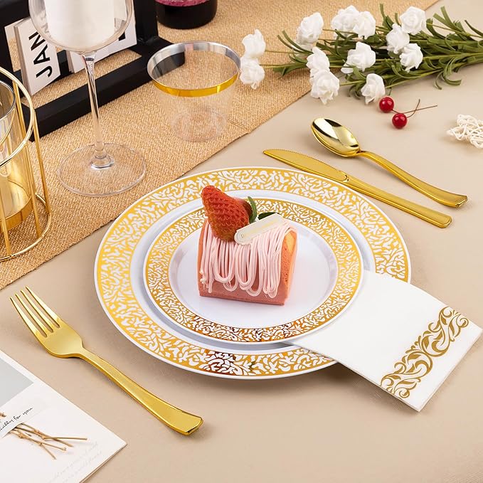 Bestluck 175PCS Gold Plastic Dinnerware Set for 25 Guests, Disposable Plates for Party, Wedding and Dinner, Include 25 Dinner Plates, 25 Dessert Plates, 25 Set Silverware, 25 Cups, 25 Napkins