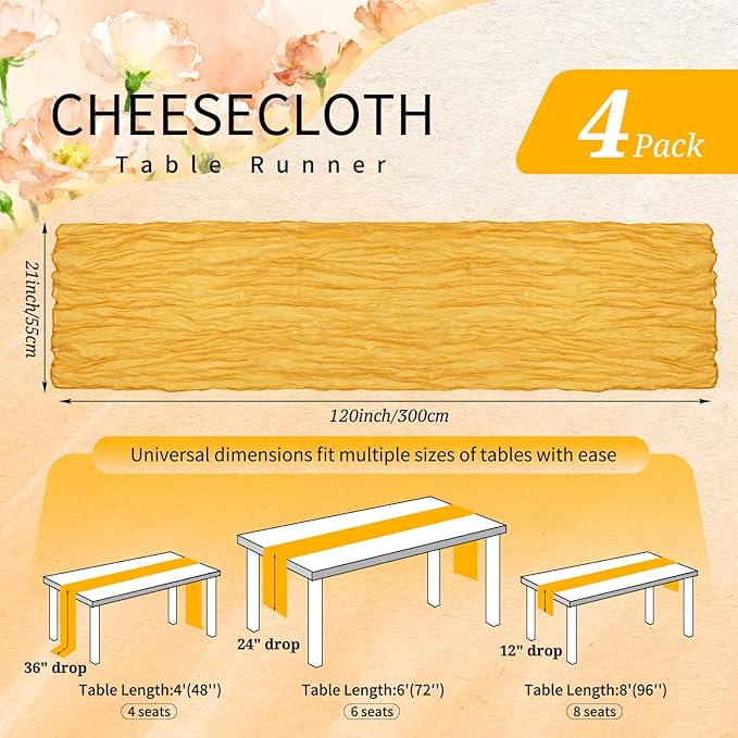 4 Pack Cheesecloth Table Runner 10FT Gold Table Runner Boho Gauze Cheese Cloth Table Runners Long Rustic Sheer Table Decorations for Wedding Party Baby Bridal Shower Birthday Holiday Home