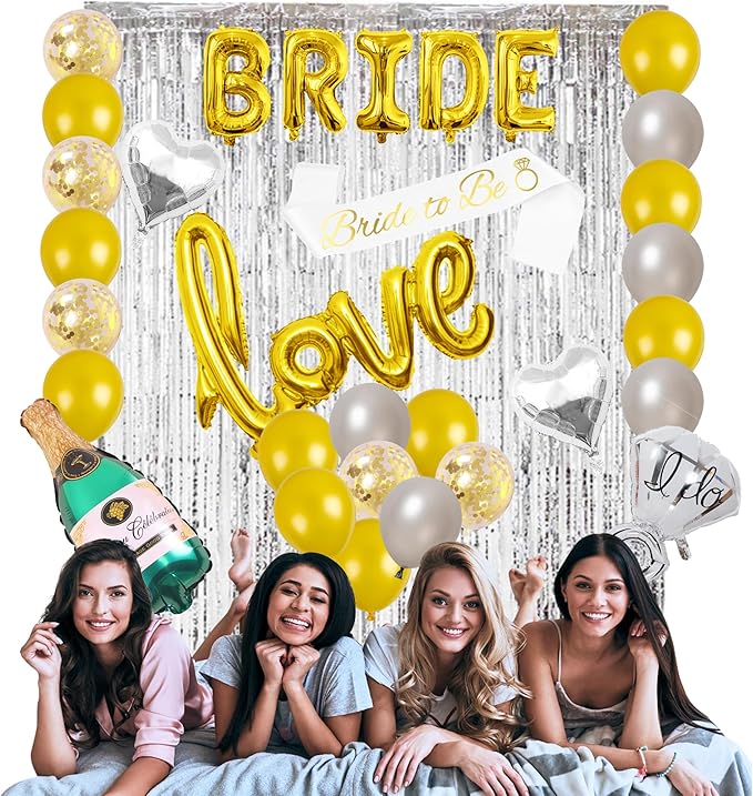 Bachelorettesy 28pc Bachelorette Party Decorations Kit for Bride to Be, Bridal Shower Decorations, Engagement Party – Balloons, Sash, Foil Backdrop Curtain (Gold Silver)