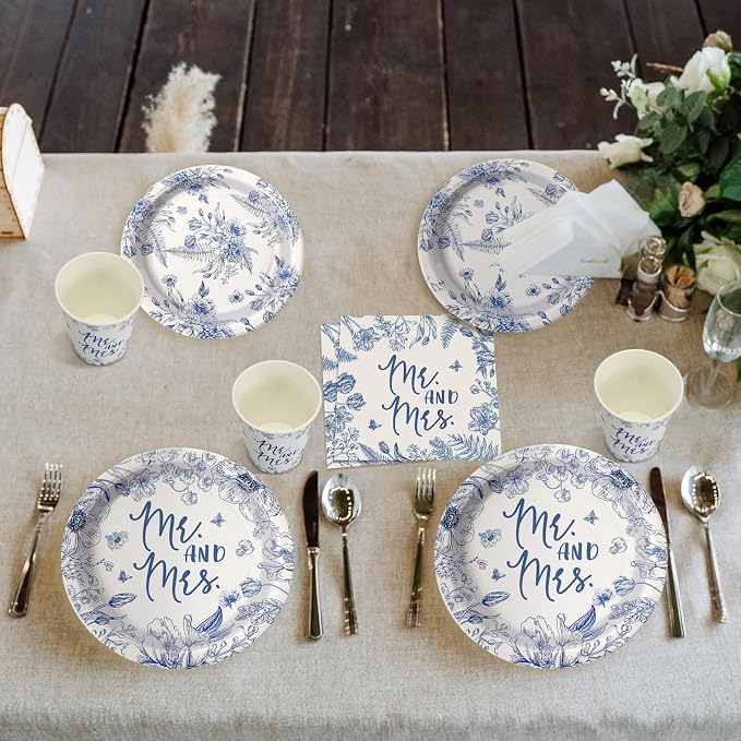 Zhehao 250 Pcs Mr. and Mrs. Bridal Shower Plates Napkins Sets 50 Pcs Floral 9'' Dinner Plates and 7'' Dessert Plate and 9oz Cup 100 Napkin Serves 50 Bridal Shower Decoration Engagement Party Supplies