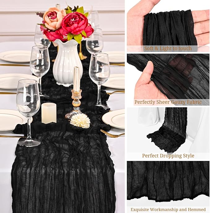 24 Pack Black Cheesecloth Table Runner,10FT Gauze Boho Long Cheesecloth Table Runners 20x120inch Rustic Cheese Cloth Table Runner for Wedding Party Bridal Shower,Table Decorations