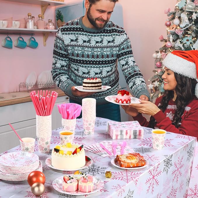 Funnymoom 452 Pcs Pink Snowflake Party Supplies Serves 50, Pink Snowflake Paper Plates Napkins Cups Tablecloth Cutlery Straws for Christmas Winter, Baby Shower Wonderland Birthday Party Decorations