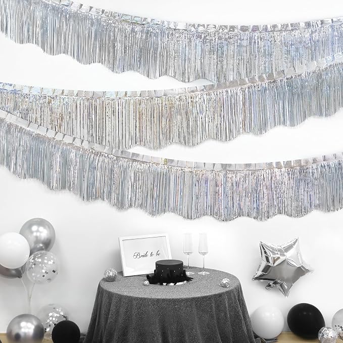 LOLStar Silver Foil Fringe Tinsel Garland, Tinsel Streamers Banner, 6 Pack | 60Ft Tinsel Streamers, Shiny Silver Tinsel Fringe Banner for Wedding, Birthday, Anniversary, Christmas, New Year Party Decor
