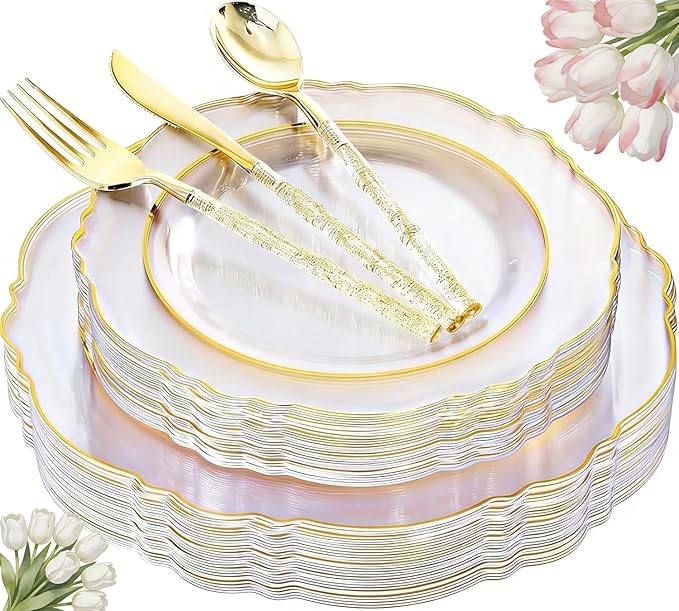 Liacere 150PCS Clear Gold Plastic Plates - Disposable Plastic Silverware with Glitter Bamboo Handle Cutlery-Baroque Clear Gold Disposable Plates for Wedding & Party & Mother's Day