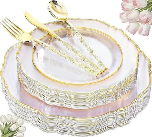 Liacere 150PCS Clear Gold Plastic Plates - Disposable Plastic Silverware with Glitter Bamboo Handle Cutlery-Baroque Clear Gold Disposable Plates for Wedding & Party & Mother's Day