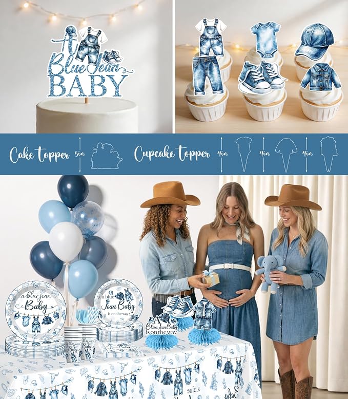 Xynic 213pcs Blue Jean Baby Shower Decorations or Boy, Serves 25 People, Includes Pre-strung Banner, Heavy-duty 350gsm Paper Plates, Waterproof & Oil-proof Disposable Plastic Tablecloths