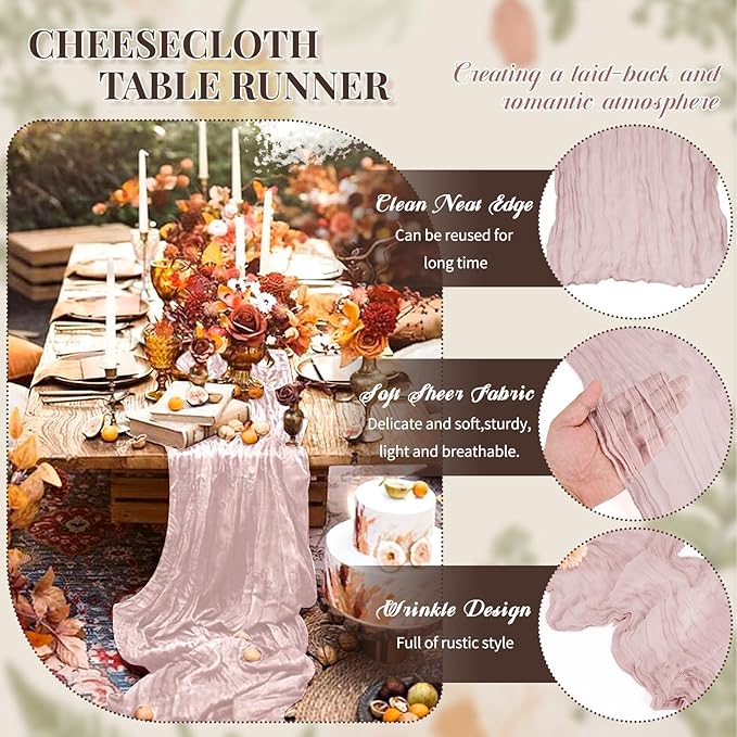 24 Pack Dusty Pink Cheesecloth Table Runner,Table Runner Long Romantic Semi Sheer Rustic Boho Gauze Table Runners for Wedding Bridal Shower Birthday Party Decorations(17.7×108 Inch)