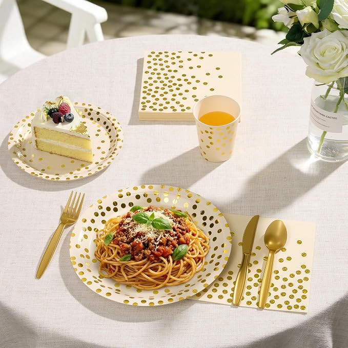 Goodlluck 175PCS Ivory Gold Foil Polka Dot Disposable Party Tableware Set, 25 Guests | 9" & 7" Golden Dot Disposable Paper Plates, 9oz Cups, Napkins & Gold Cutlery for Birthday, Wedding & Baby Shower