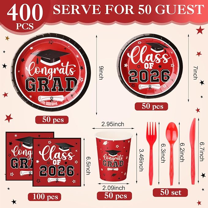 Funnymoom 400 Pcs Graduation Party Supplies Class of 2026 Graduation Paper Plate Napkin Cup Cutlery Congrats Grad Disposable Tableware Set for Grad Party Decorations, Serve 50 (Red, Black)
