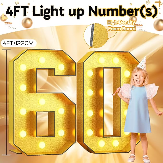 4FT Light Up Numbers 60, Number 60 Marquee Large Light Up Numbers Frame Marquee Mosaic Number for 60th Birthday, Giant Light Up Number DIY Frame Pre-Cut Foam Board Kit for Graduation Anniversary Party