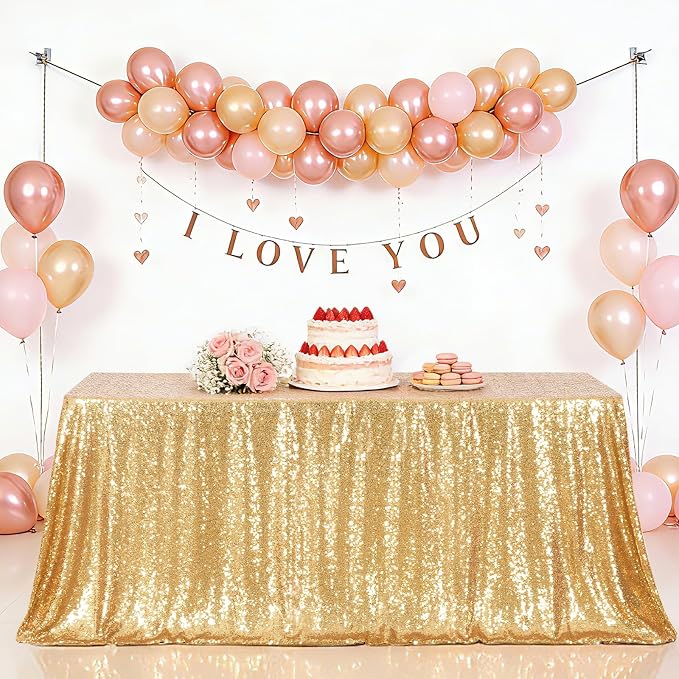 Eternal Beauty Gold Tablecloth, 60x120 Inch Sequin Rectangle Table Cover for Valentines Cake Dessert Exhibition Party Birthday Events