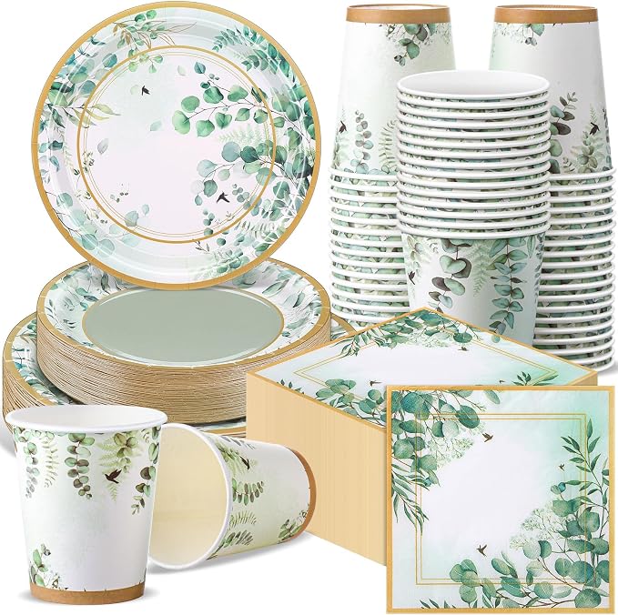 Pickmesh 250 Pcs Sage Green Party Supplies Paper Plates and Napkins Cups Dinnerware Sage Green Disposable Tableware Set for Birthday Bridal Baby Shower Wedding Decoration Serves 50