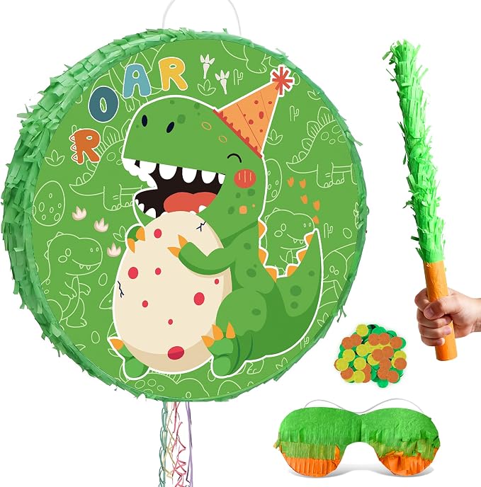 4 In 1 Dinosaur Round Piñata, 17.58'' Dinosaur Piñata Bundle, Dinosaur Birthday Party Decorations Stick etc Dino Party Pinata for Dinosaur Party Favor Bag Fillers Decorations