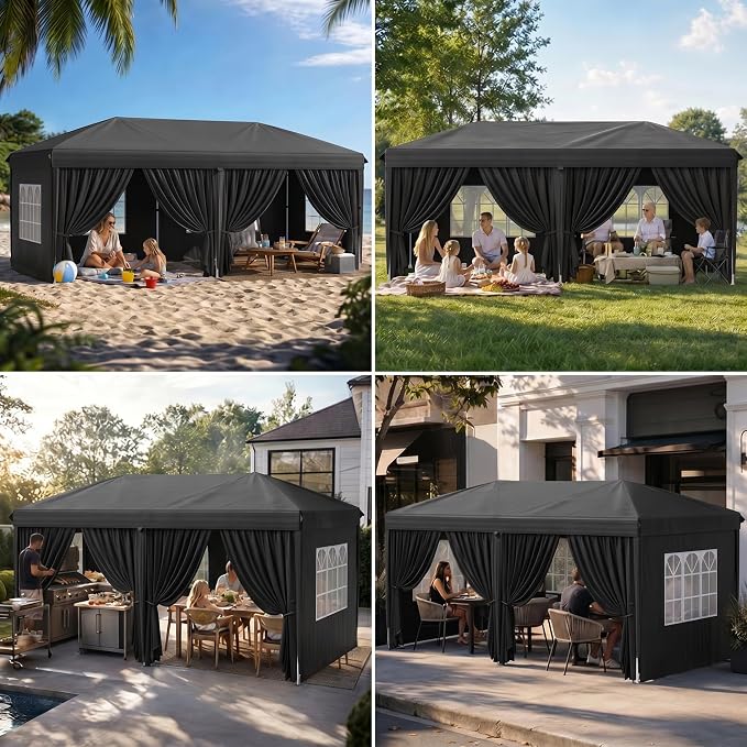 10x20 Pop Up Canopy with Sidewalls, Instant Tent with Carry Bag, Sandbags, Height Adjustable Waterproof Outdoor Canopy, Outdoor Canopy for Events, Camping, Parties (Black)