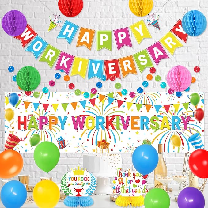 Holkcog Happy Workiversary Decorations for Coworker, Colorful Happy Workiversary Banner Honeycomb Ornament and Balls、Colorful Balloons Decor Set for Work Anniversary Employee Office Party Supplies