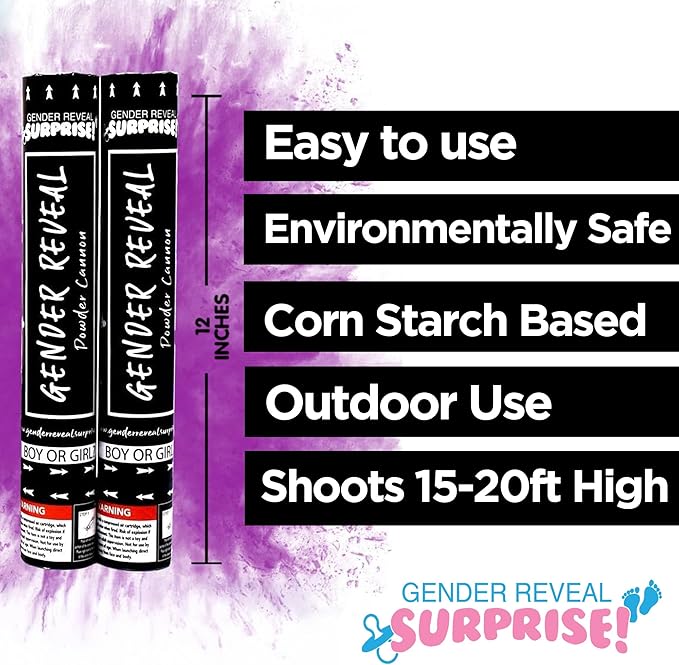 Gender Reveal Surprise - Purple Gender Reveal Powder Cannon - Easy to Use Purple Powder Cannon for Baby Gender Reveal Parties, Baby Showers & More - Colorful Powder Popper - 12 Inch - 2 Pack