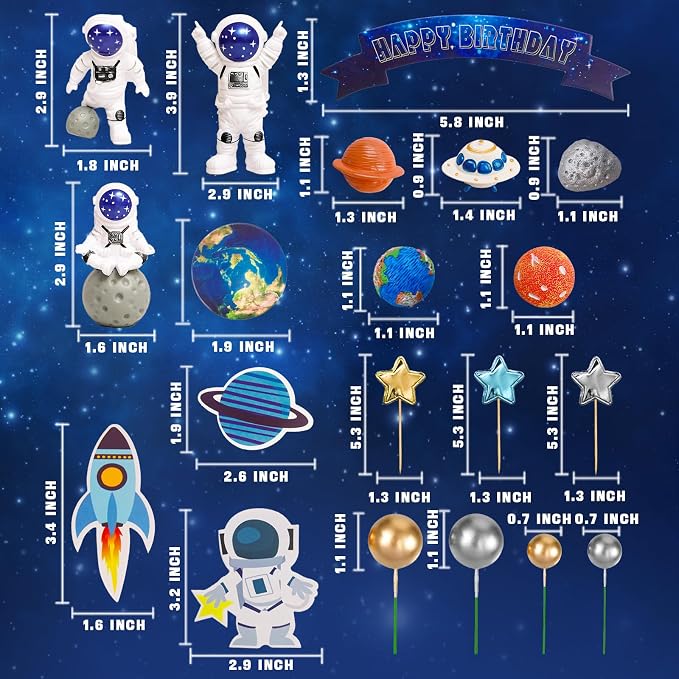 Astronaut Figurines Cake Toppers 32Pcs Outer Space Cake Decorations Spaceman Figures Planet Rocket Stars and Satellite Balls for Two The Moon First Trip Around the Sun Birthday Baby Shower