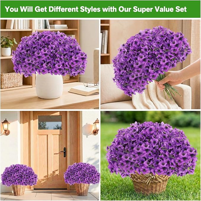 Powbrace 60 Pack Artificial Flowers for Outdoor Indoor Fake Plants, Faux Silk Flowers for Outdoors Outside Front Porch Hanging Planter Window Box Garden Spring Decoration(Purple)