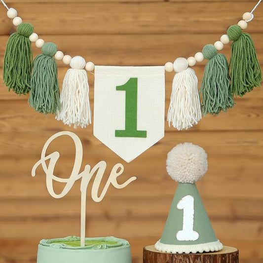 Handmade Boho Green 1st Birthday High Chair Banner Decorations for Baby Boys First Birthday Hat with One Cake Topper Happy Birthday Photoshoot Props Photo Props