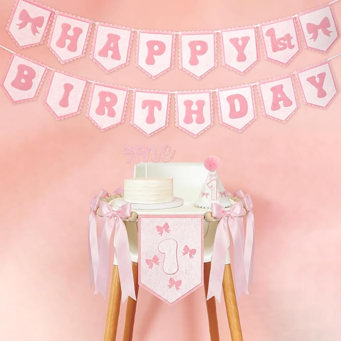 THAWAY 1st Birthday Decorations Girl - Pink First Birthday Decorations for Girl with One High chair banner, Felt Banner, Hat and Glitter Cake Topper for Baby Girl Birthday Photoshoot Props