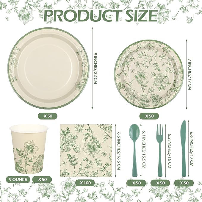 Kochorie 400 Pieces Sage Green Disposable Tableware Sets, Green and White Flower Party Supplies Set with Plates Cups Napkins Cutlery Serves 50 for Wedding Birthday Bridal Shower Party Decorations