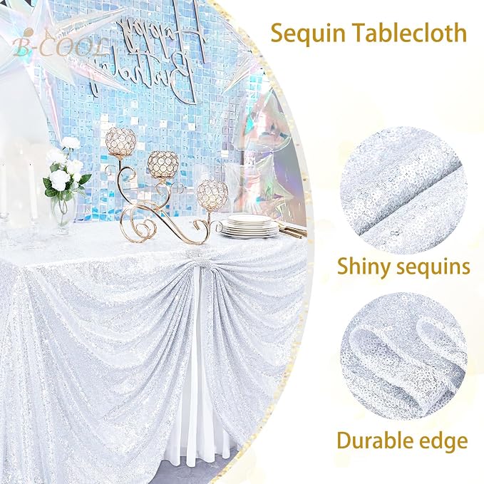 B-COOL Sequin Tablecloth Glitter Fabric: Shimmer Table Cloths 60x102 Inches Kitchen Linen for Rectangle Table Christmas Party Decorations Laser Silver