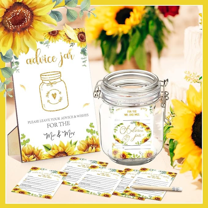 Jetec 74 Pcs Advice and Wishes for the Mr and Mrs 60 Pcs Wedding Advice Cards Advice and Wishes Jar Box Bridal Shower Advice and Wishes Cards for Bride and Groom Bridal Shower Decor(Sunflower)