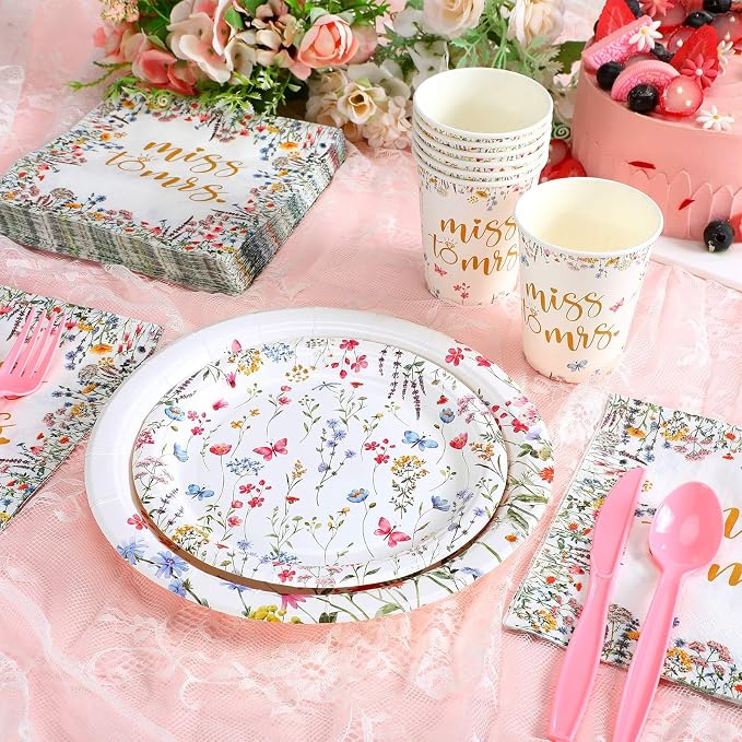 Zhehao 250 Pcs Bridal Shower Plates Napkins Sets 50 Pcs Floral 9'' Dinner Plates and 7'' Dessert Plate and 9oz Cups 100 Napkins Serves 50 Bridal Shower Wildflower Wedding Tableware Set