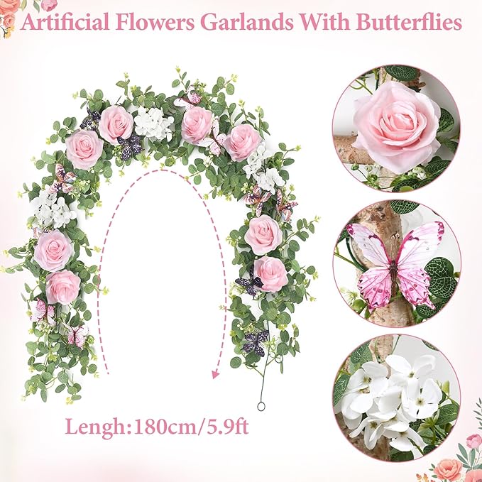 2Pcs 5.9 Ft Artificial Rose Vine Fake Flower Garland Pink Rose Hydrangea Vines with 3D Butterflies Hanging Floral Eucalyptus Garland for Wedding Party Background Arch Table Wall Home Decor