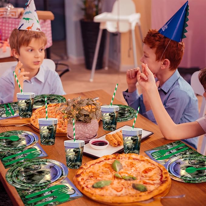 Avezano 192 Pcs Dinosaur Birthday Party Supplies Jurassic Dinosaur Plates and Napkins for Birthday Party Dinosaur Theme Birthday Party Decoration for Kids Serves 24