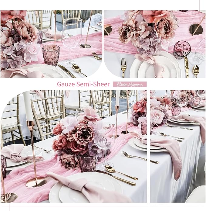 Showgeous 10 Pack Pink Cheesecloth Table Runner, 10FT Long Semi-Sheer Boho or Rustic Gauze Table Runner Wedding Table Decor for Wedding Arch Draping Bridal Shower Holiday Party