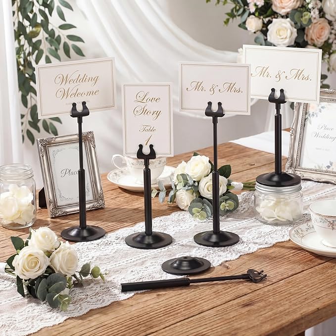 Kathfly Black 12 Set Table Number Holders Adjustable Metal Place Card Holders Harp-clip Tabletop Sign Stands Detachable Card Holder for Weddings Birthday Restaurants Table Decor (4.9-7.3 Inch)