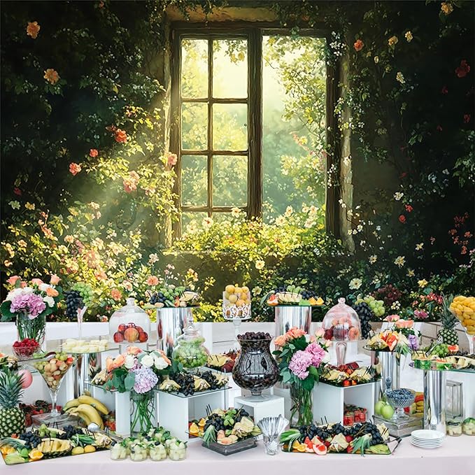 Baocicco 9x6ft Spring Window Photography Backdrops Sunshine Oil Painting Flowers Background Cloth for Marriage Valentines Mothers Day Engagement Party Decoration Photo Props Background Supplies