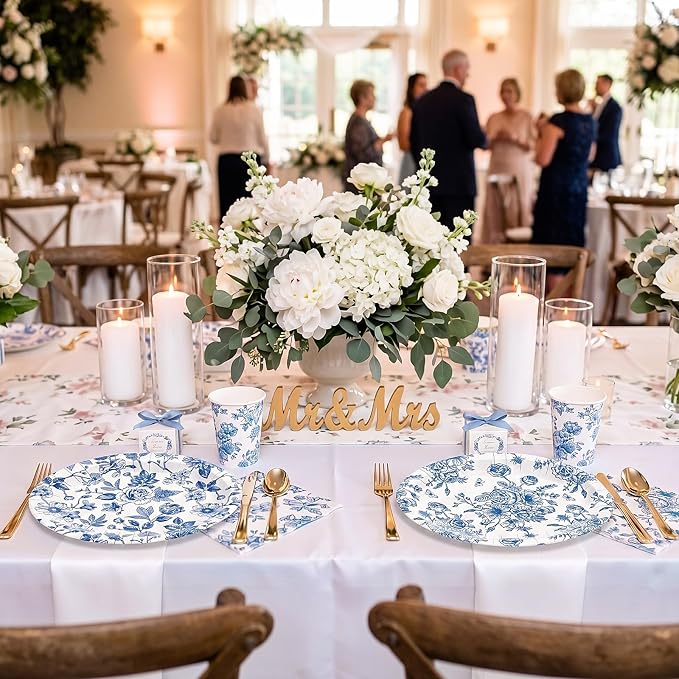 Vesici 150 Pcs Blue Floral Party Supplies 10'' x 12'' Large Oval Paper Plate Napkin Cup Set Vintage Blue White Floral Tableware Disposable Heavy Duty Plate Birthday Wedding Bridal Shower Decoration
