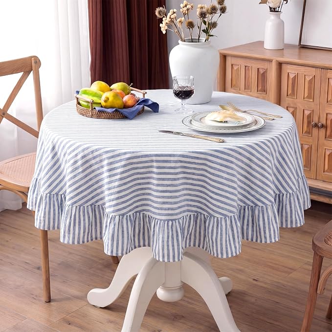 Boao Cotton 54 Inch Farmhouse Ruffle Tablecloth Blue White Striped Flounces Trim Table Cover for Round Table Kitchen Party Wedding Decor