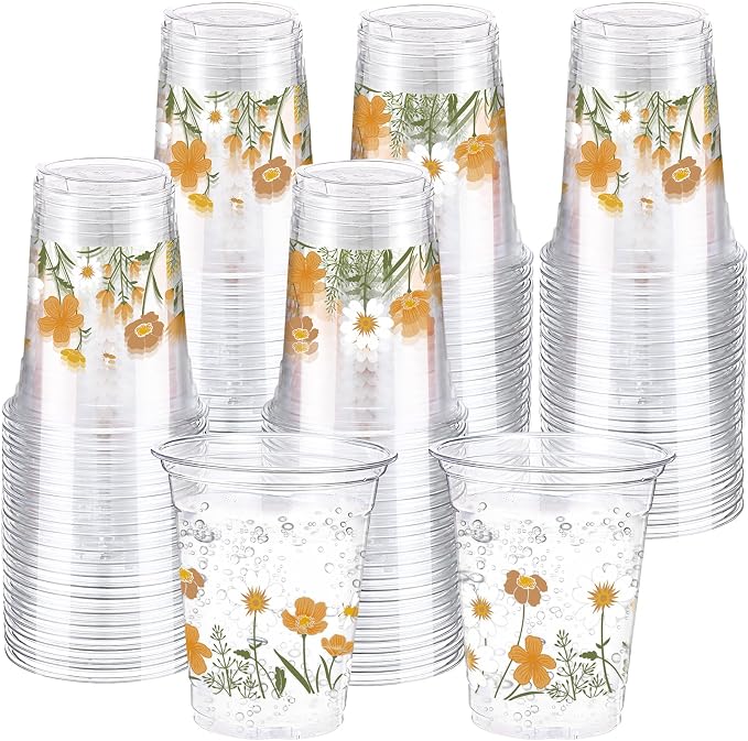 Hushee Yellow Boho Floral 60 Pcs Party Cups 16 oz Plastic Disposable Drinking Cups for Birthday Love Baby in Bloom Baby Shower Summer Fresh off The Market Bridal Shower Decorations Supplies