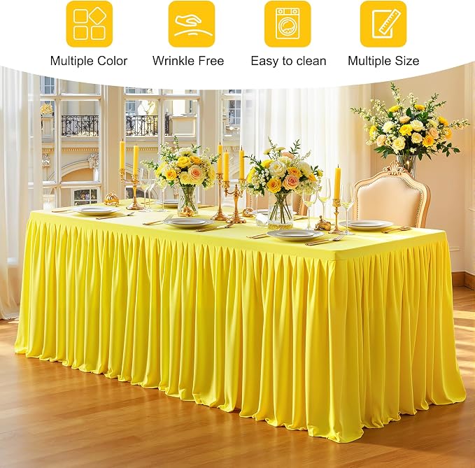 2 Packs Yellow Poylester Tablecloths Rectangle Tables 4ft, Stretch Fitted Table Covers for 4 Foot Tables Wrinkle Free Rectangle Table Cloth with Skirt for Birthday Party Events Banquet Baby Shower
