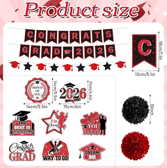 Rakuto Red and Black Graduation Decorations, Congrats Grad 2026 Banners with Hanging Swirs Party Decoration, Class of 2026 Graduation Paper Pom Poms Decor for College Grad Supplies